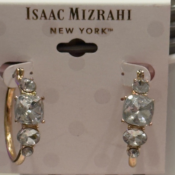 ISAAC MIZRAHI Gold Tone Crystal Hoop Earrings - Picture 2 of 8